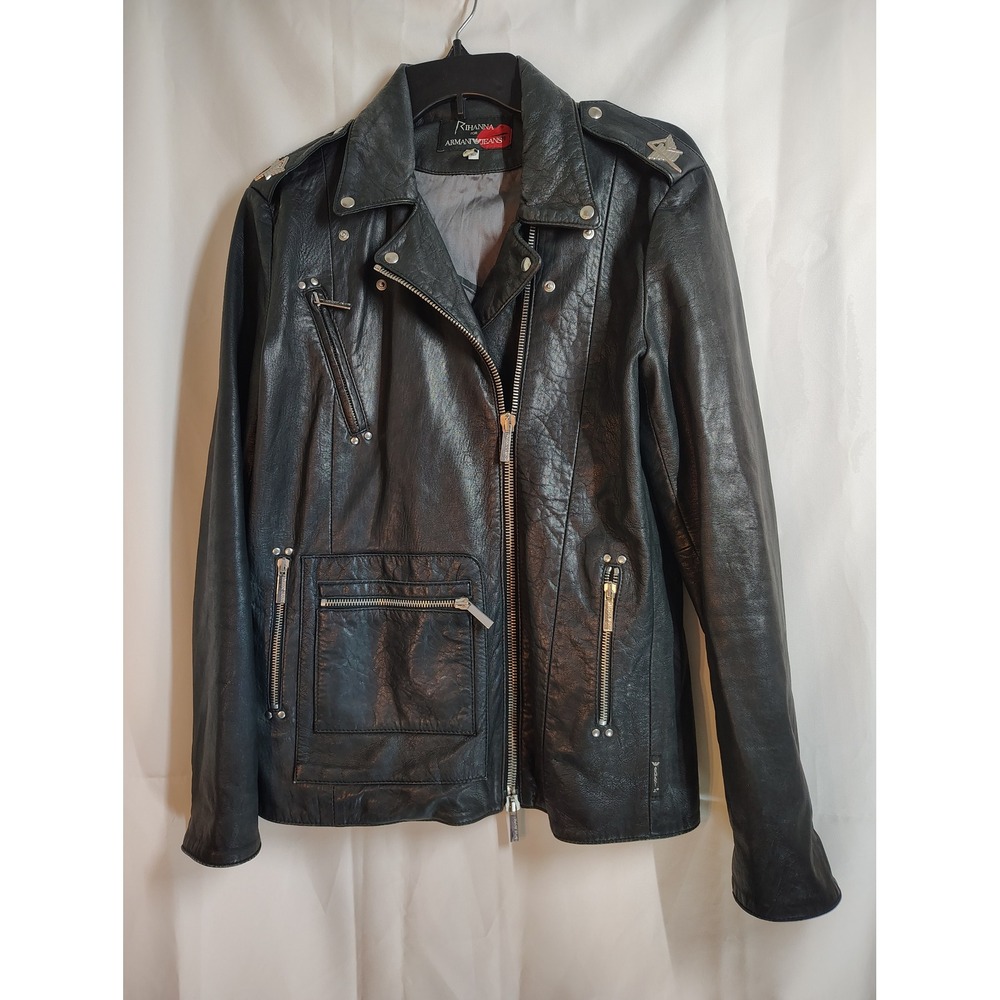 Rihanna for Armani Jeans Black Leather Moto Biker Jacket Silver‎ Studs